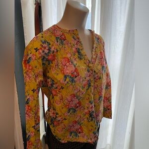 J. Crew Yellow Floral 3/4 Sleeve Blouse with Mandarin Collar